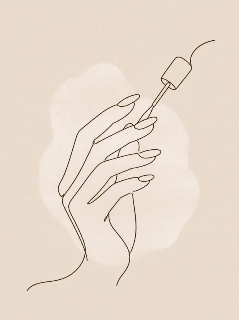 Line drawing of a hand with a nail polish brush