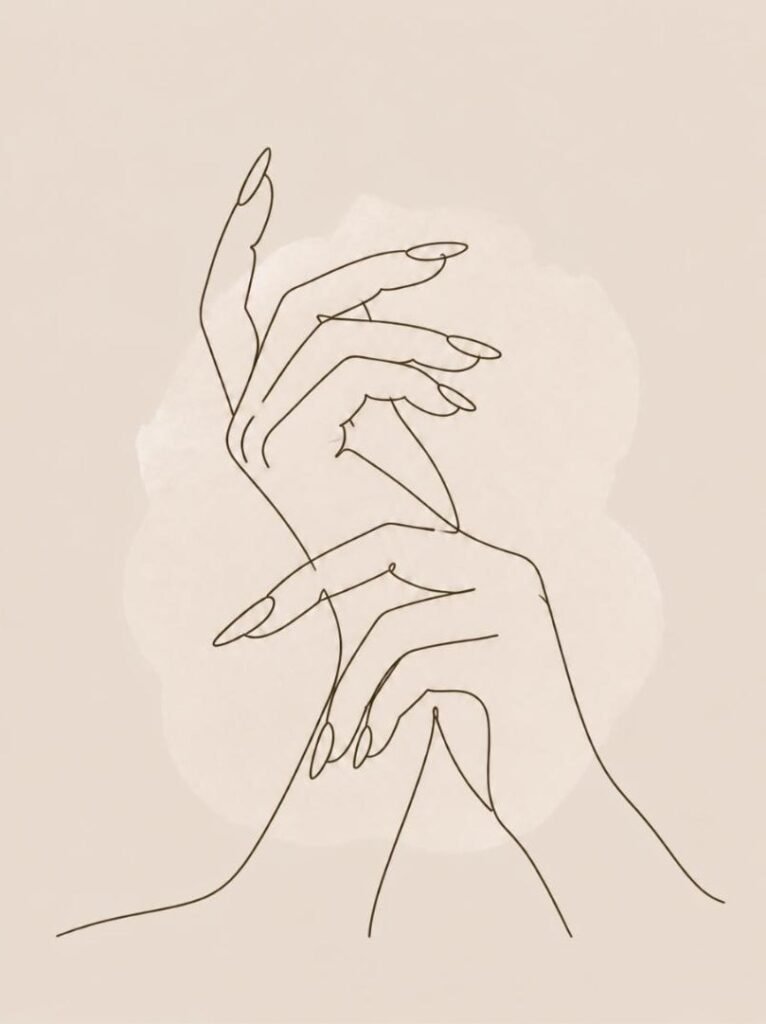 Line drawing of hands with long nail extensions