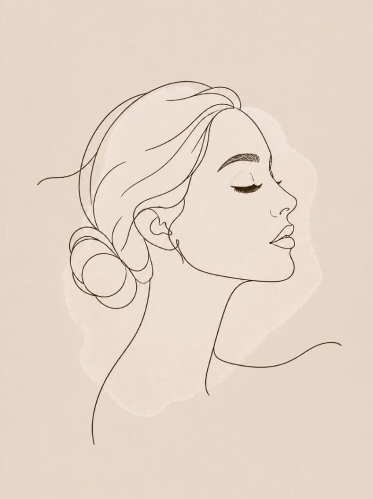 Line drawing of a woman with closed eyes and long lashes
